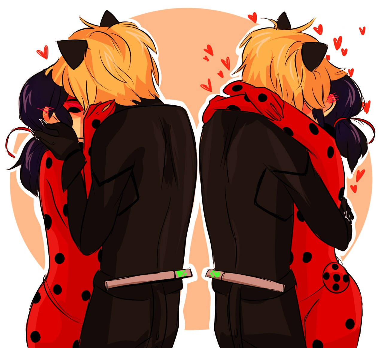 ladybug and cat noir kiss 桌布 壁紙 — 兩個穿著紅色圓點服裝的動漫角色在溫暖的桃色背景前從背後擁抱，周圍有漂浮的心形。