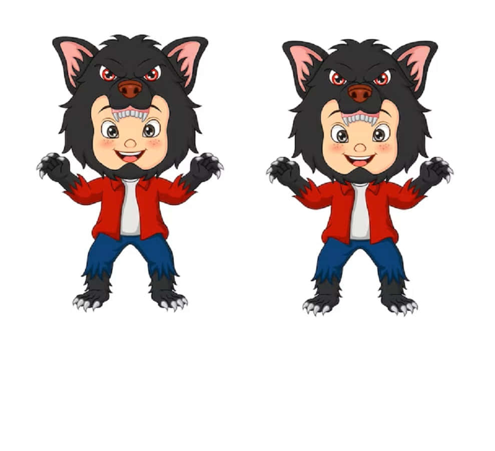 Werewolf Costumes 桌布 壁紙 — 兩個穿著紅色外套和藍色褲子的相同卡通狼小孩在純白色背景前開心地擺姿勢。