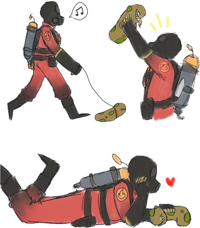 Tf2 桌布 壁紙 — 兩個穿著紅色太空衣的卡通太空人在黑色背景前與一個綠色外星生物嬉戲互動。