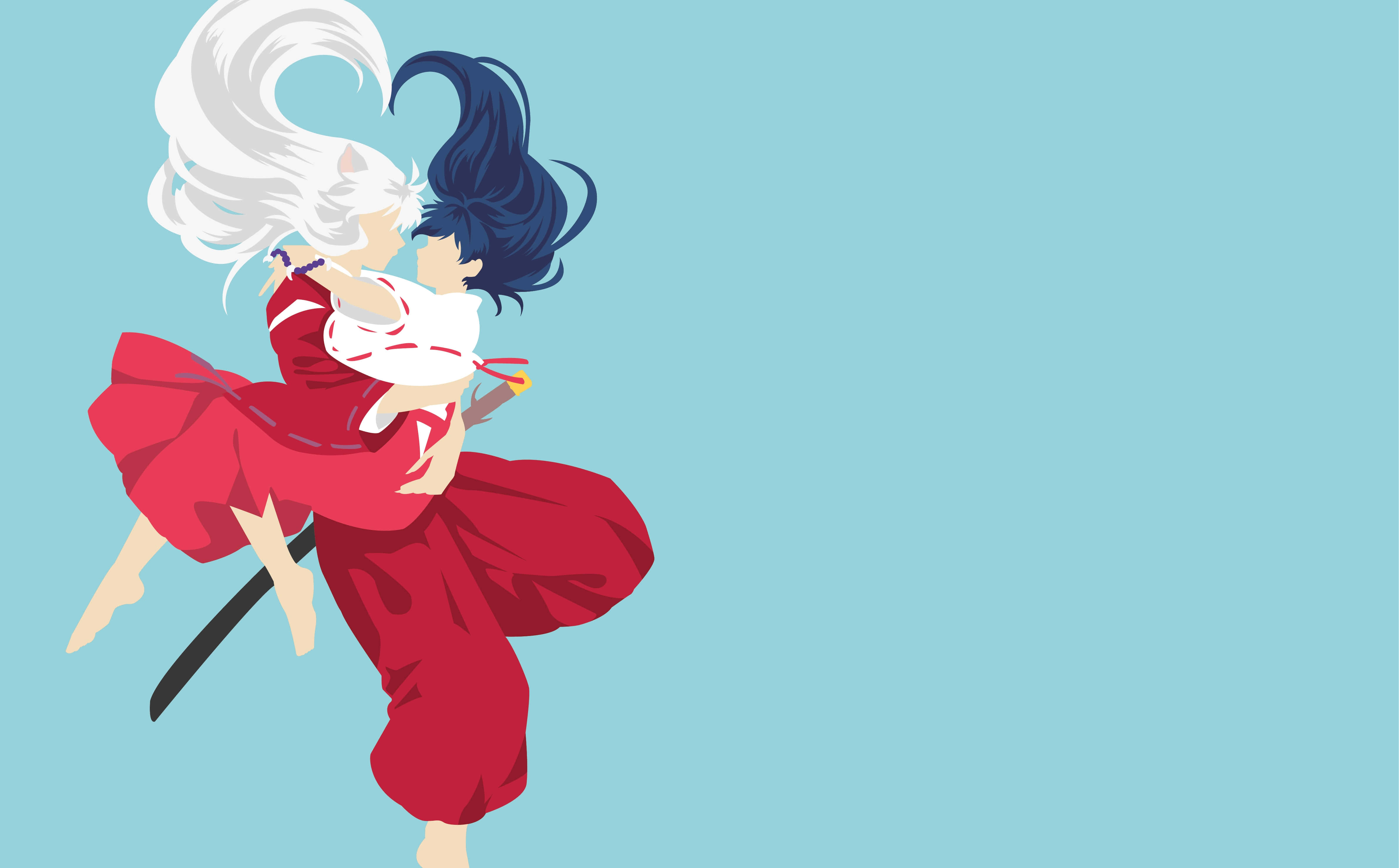 Kagome Higurashi 桌布 壁紙 — 兩個穿著紅色服裝的動漫角色在純淺藍色背景上動態擁抱。