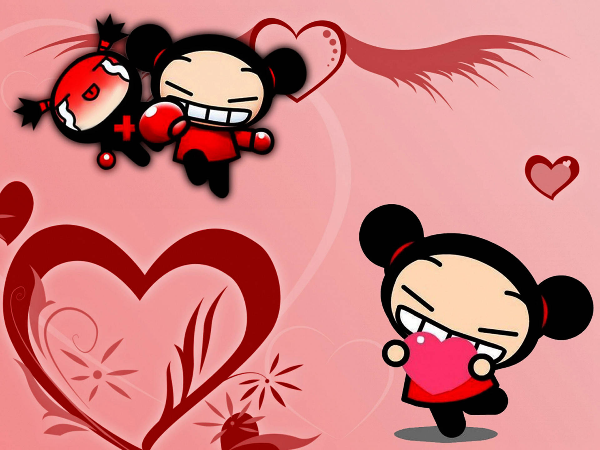 Pucca 桌布 壁紙 — 兩個穿著紅色服裝的卡通角色在柔和的粉紅色背景上與心形圖案愉快互動。