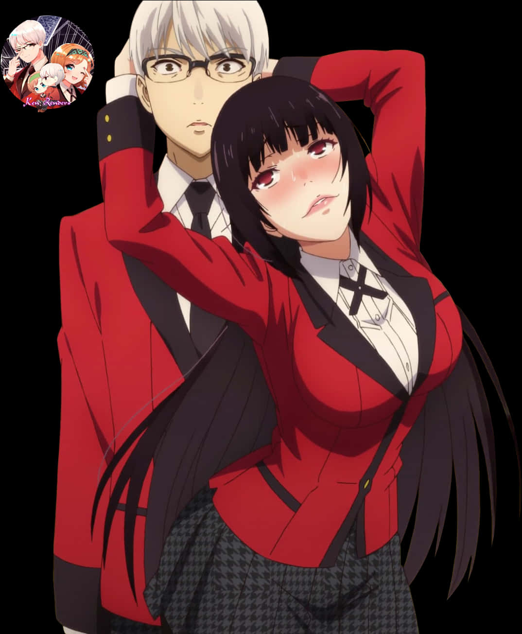 Yumeko Jabami 桌布 壁紙 — 兩個穿著紅色校服的動漫角色在黑色背景上親密擺姿勢，角落有一個小圓形標誌。