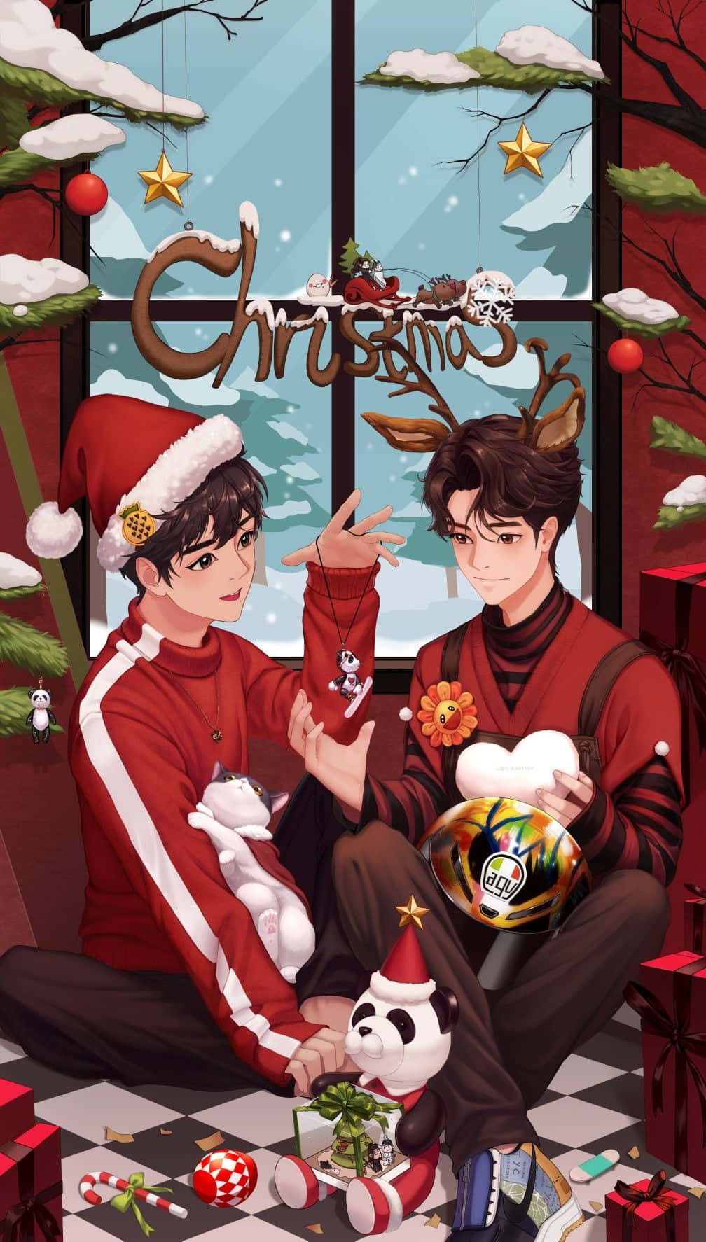 動漫男孩 桌布 壁紙 — 兩個穿著紅色節日服裝的年輕男子坐在一個裝飾著聖誕飾物和馴鹿角的雪窗旁。