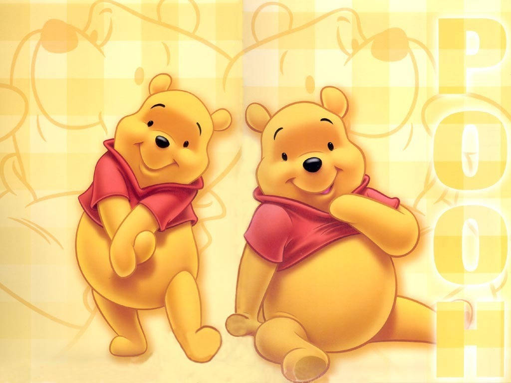 兩個微笑的卡通小熊穿著紅色襯衫，在黃色格紋背景上。 — Winnie the pooh GIF 壁紙