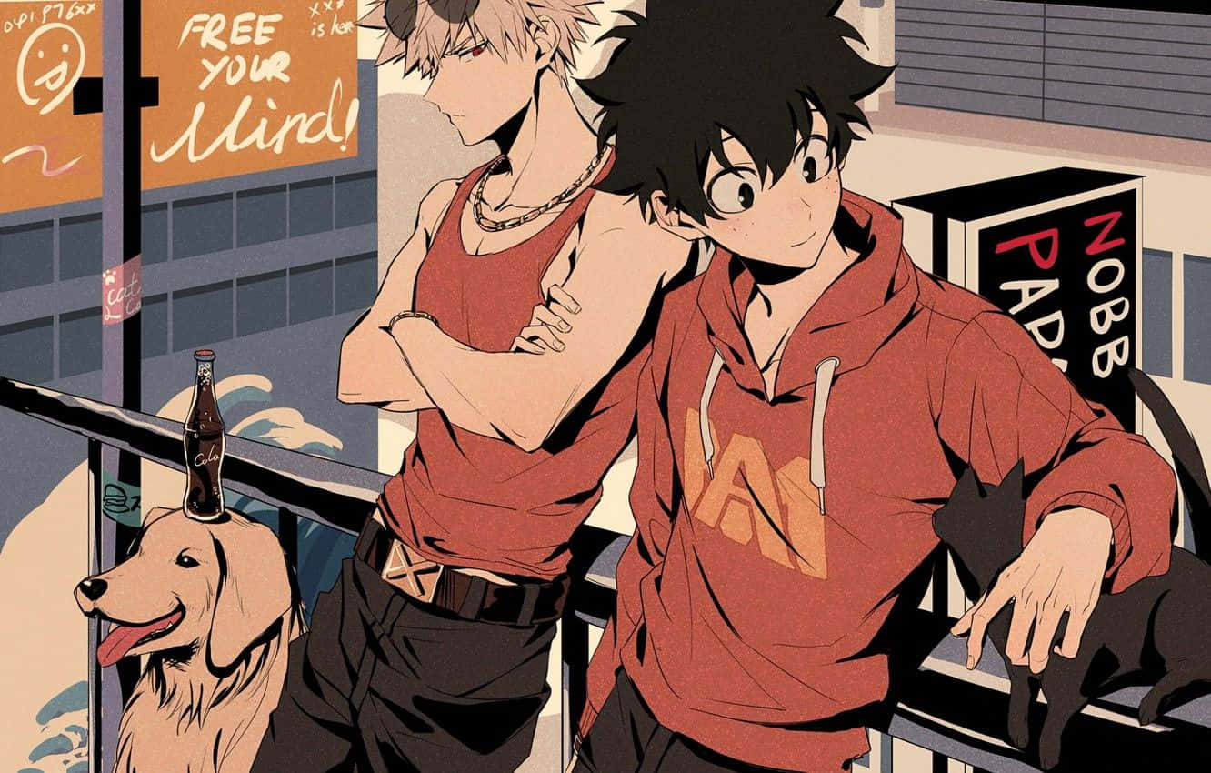 Bakugo 桌布 壁紙 — 兩個穿著紅色連帽衫和背心的動漫男孩靠著欄杆，旁邊有一隻狗和一隻貓，在風格化的城市場景中。