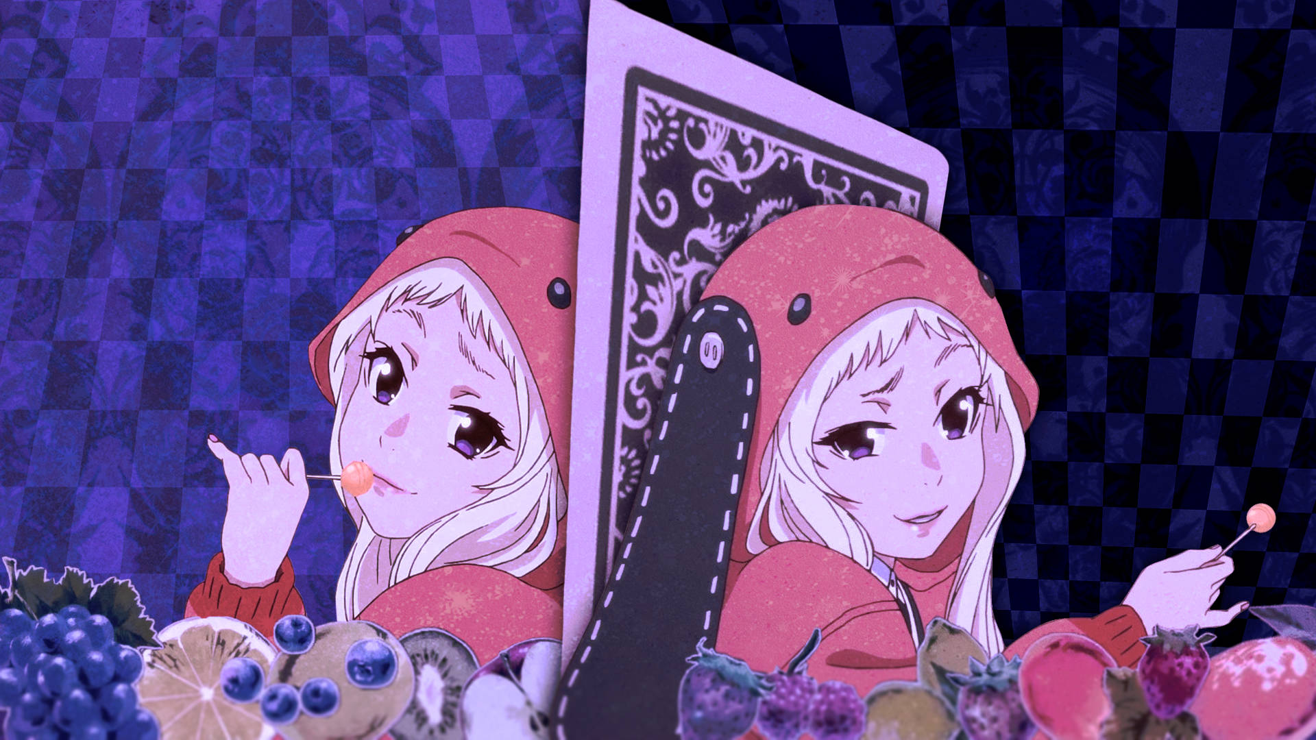 Runa Yomozuki 桌布 壁紙 — 兩個穿著紅色連帽衫的動漫女孩從一張撲克牌後面探出頭來，周圍是色彩繽紛的水果，背景是紫色格子。