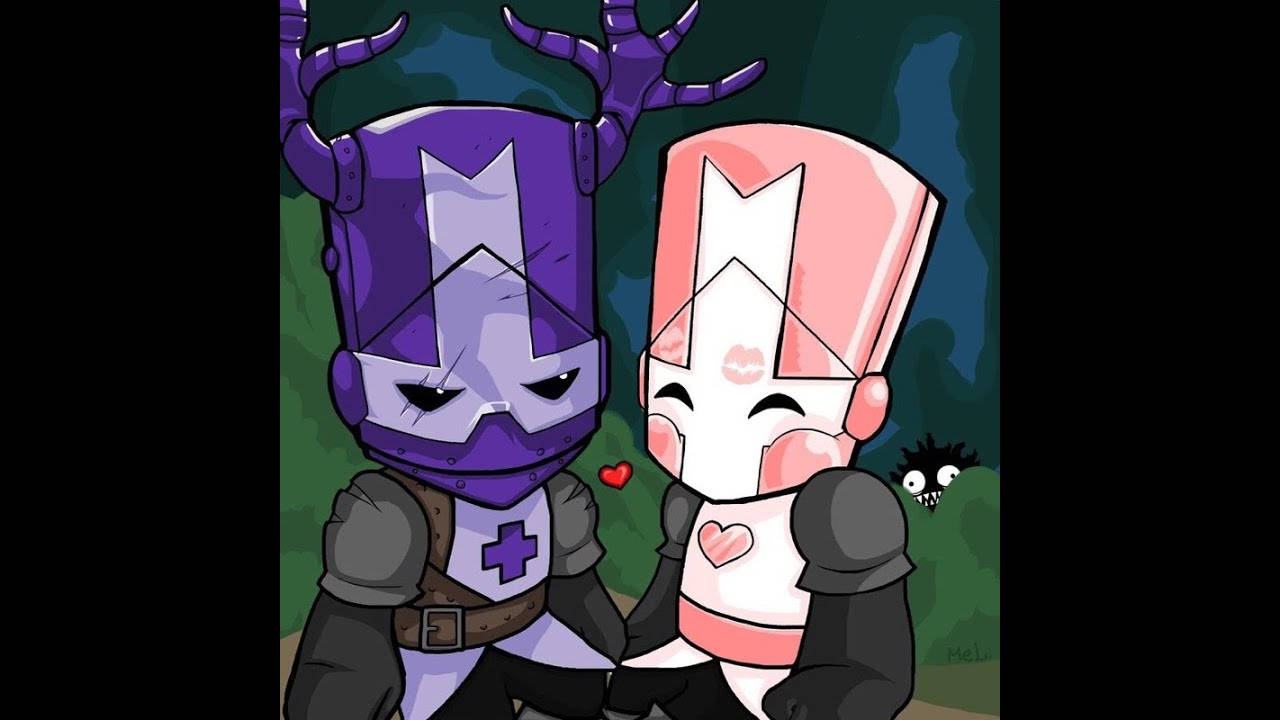 Castle Crashers 桌布 壁紙 — 兩個穿著紫色和粉紅色盔甲的Q版騎士溫柔地擁抱，之間漂浮著一個小心形。