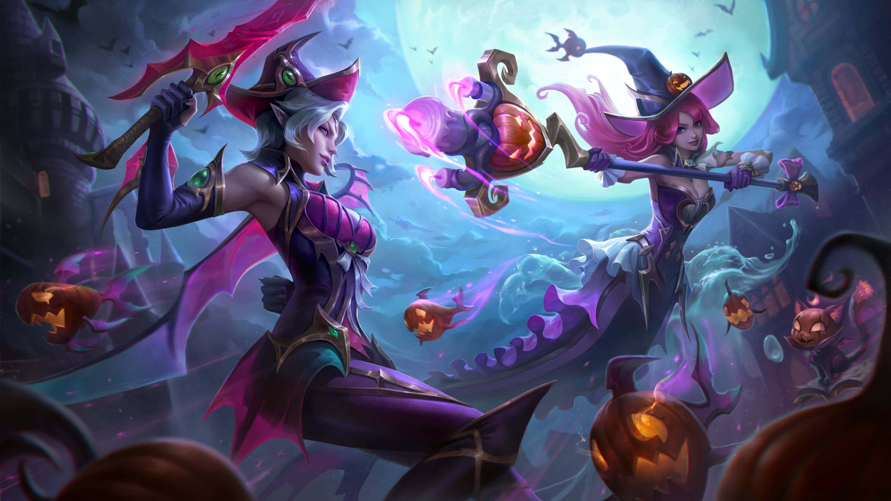 Halloween Games 桌布 壁紙 — 兩個穿著紫色和粉紅色萬聖節服裝的女巫角色，在月光下的鬼怪城堡背景下揮舞著發光武器。