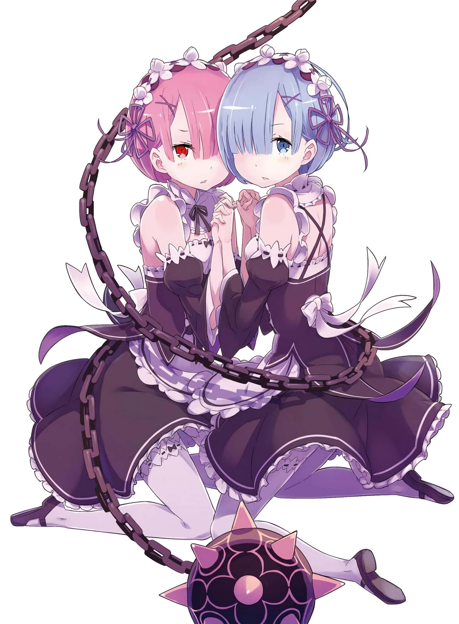 Re Zero Ram 桌布 壁紙 — 兩個穿著紫色女僕裝的動漫女孩被一條帶刺球的鏈條綁著坐在地上。