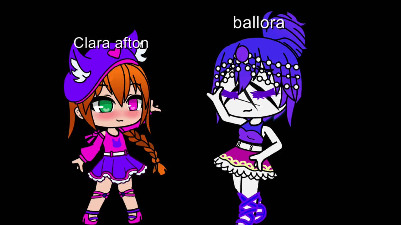 Clara Afton 桌布 壁紙 — 兩個穿著紫色服裝、髮型獨特的Q版動漫女孩站在黑色背景前。