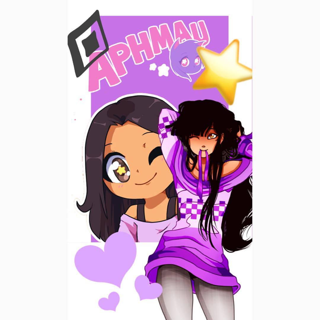 Aphmau 桌布 壁紙 — 兩個穿著紫色服裝的動漫女孩在充滿星星、心形和名字Aphmau的鮮豔紫色背景前開心微笑。