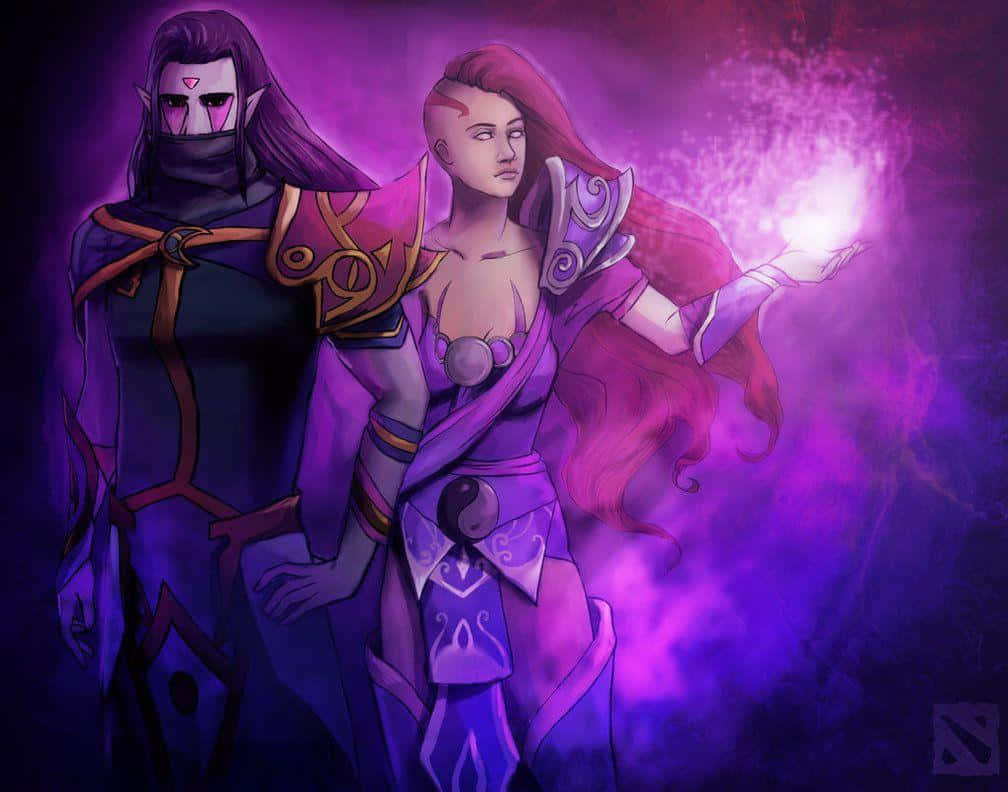 Anti-mage 桌布 壁紙 — 兩個穿著紫色盔甲的奇幻角色站在發光的魔法光環前，其中一個正在引導明亮能量。