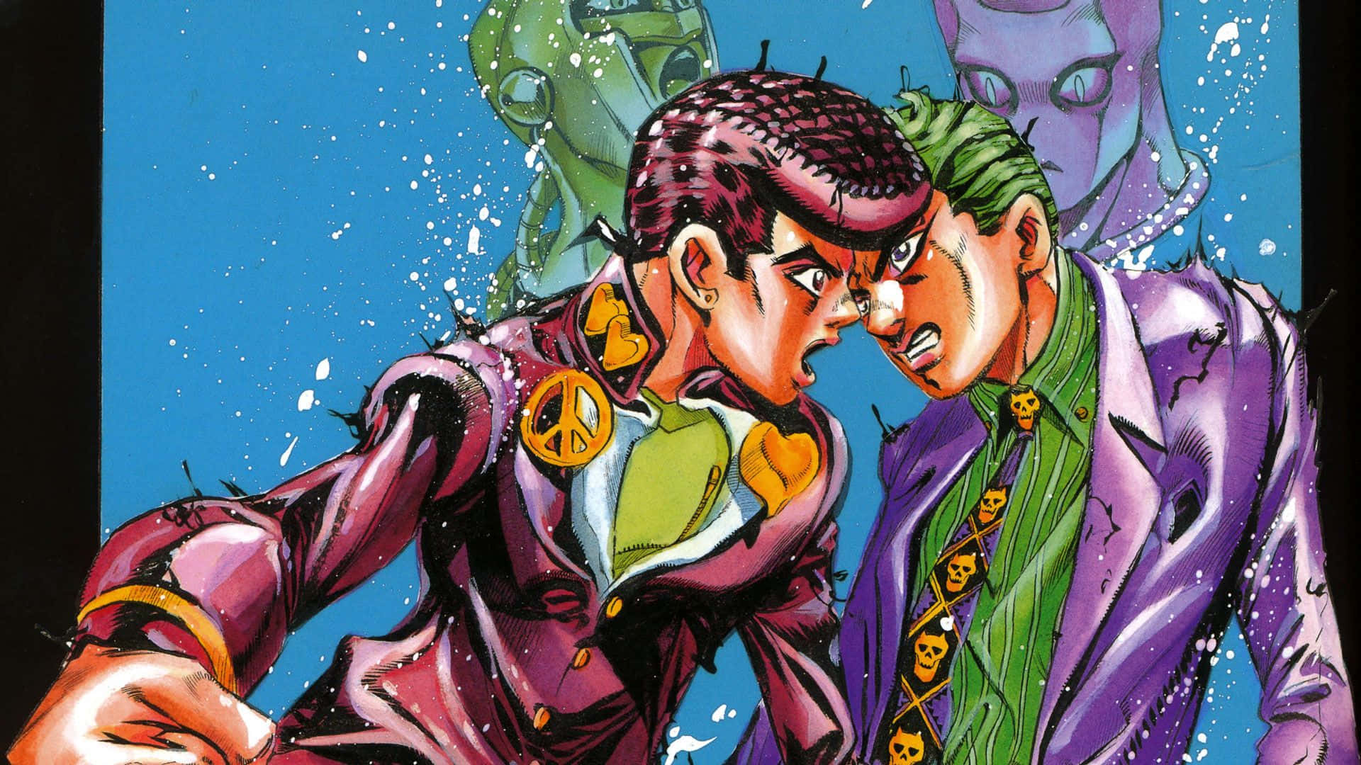 Jjba 桌布 壁紙 — 兩個穿著紫色西裝的動漫角色在藍色背景前鼻尖對鼻尖，身後有綠色和紫色的雕像。