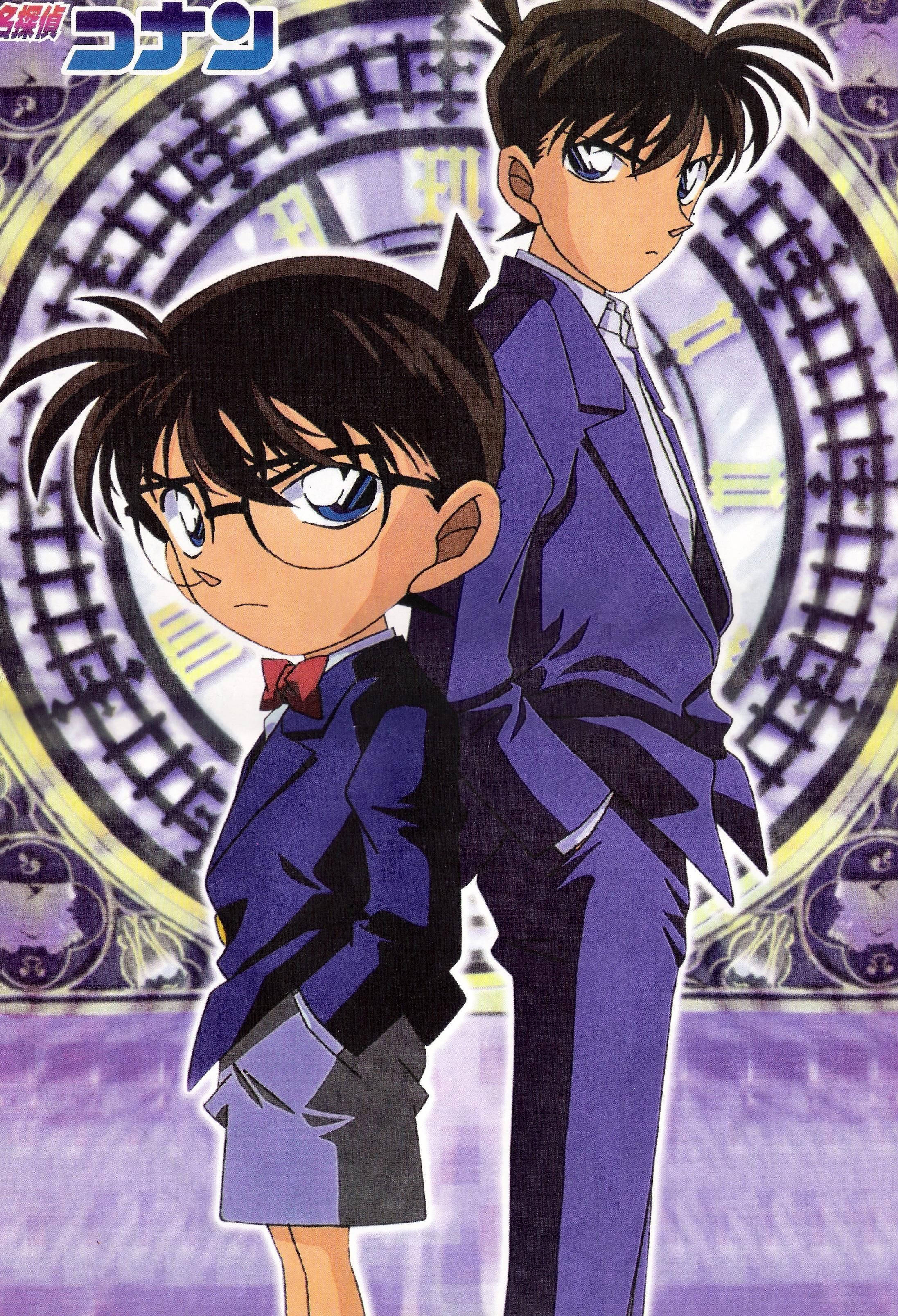 conan 桌布 壁紙 — 兩個穿著紫色西裝的動畫偵探背對背站在一個帶有日文字的巨大鐘面前。