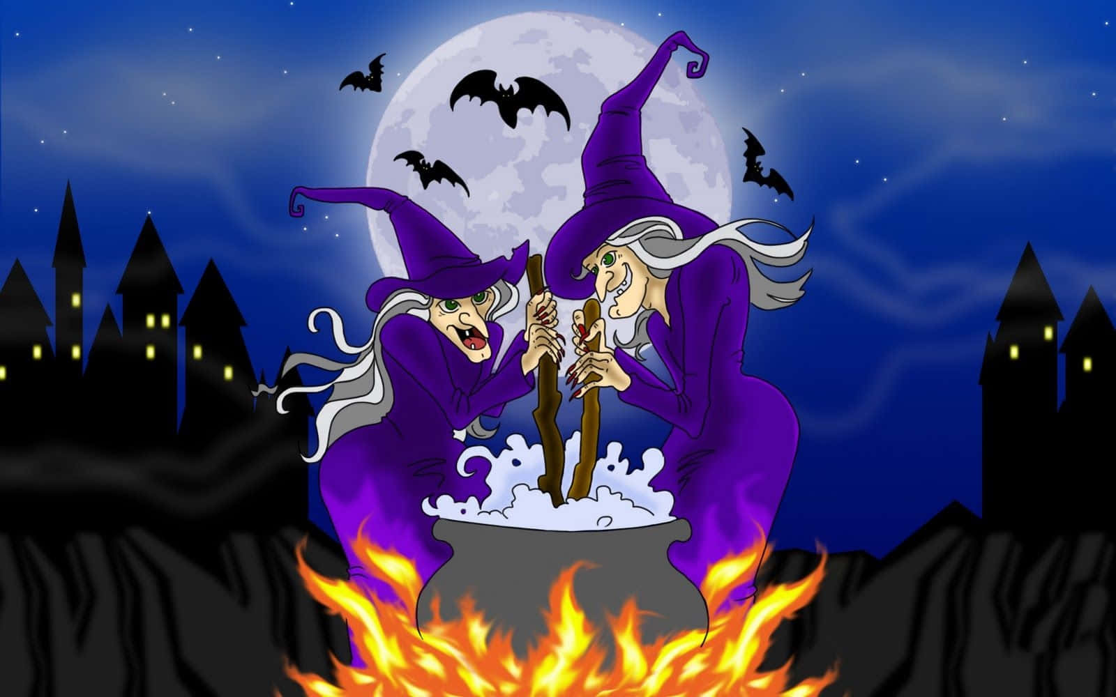 Animated Halloween 桌布 壁紙 — 兩個穿著紫色長袍的卡通女巫在滿月下攪拌火焰上冒泡的大鍋，蝙蝠飛翔，背景有鬼屋。