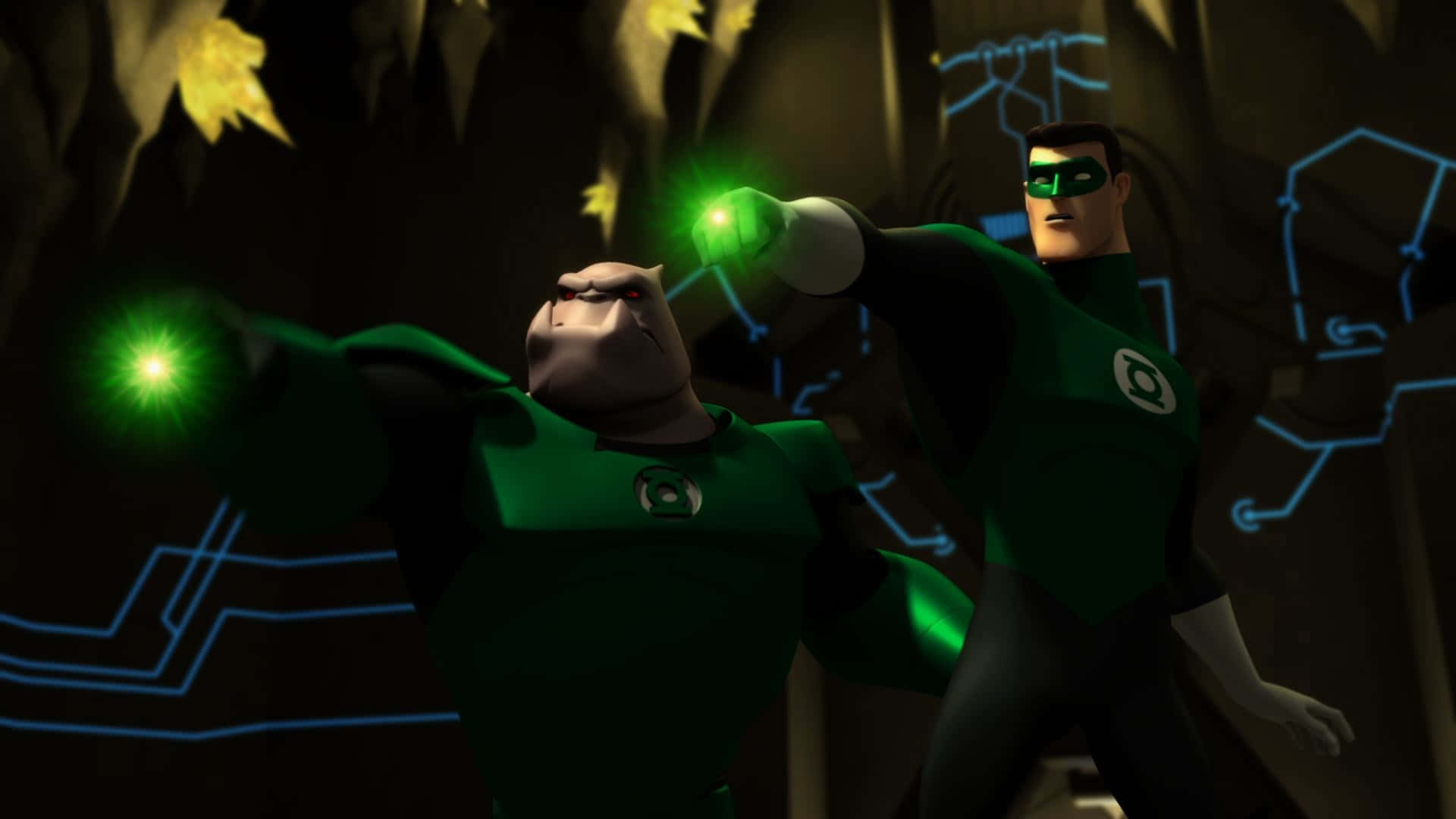 Animated 桌布 壁紙 — 兩個穿著綠色制服的綠燈俠在一個帶有藍色電路圖案的黑暗洞穴中發出明亮的綠色能量。