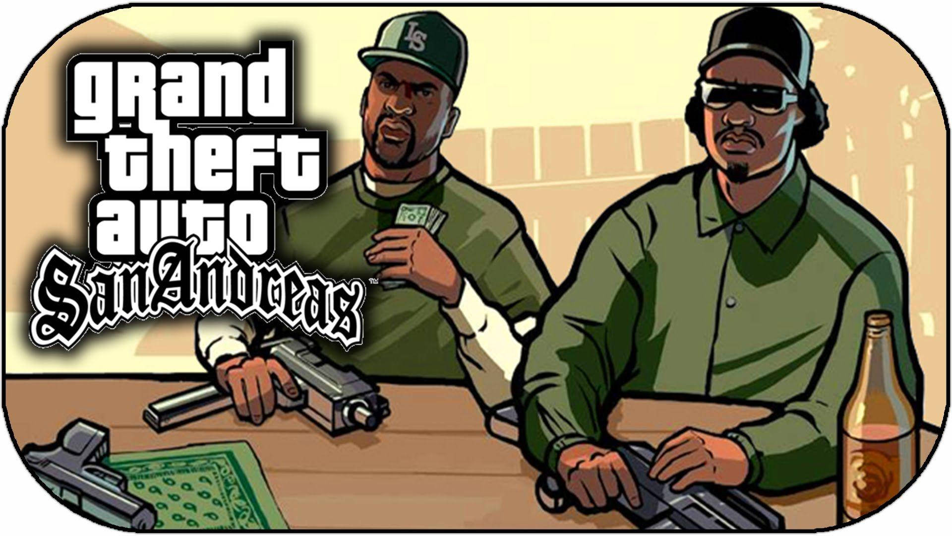 Gta 桌布 壁紙 — 兩個穿著綠色襯衫的卡通黑幫坐在一張桌子旁，桌上放著槍和現金，場景充滿粗獷的遊戲風格。