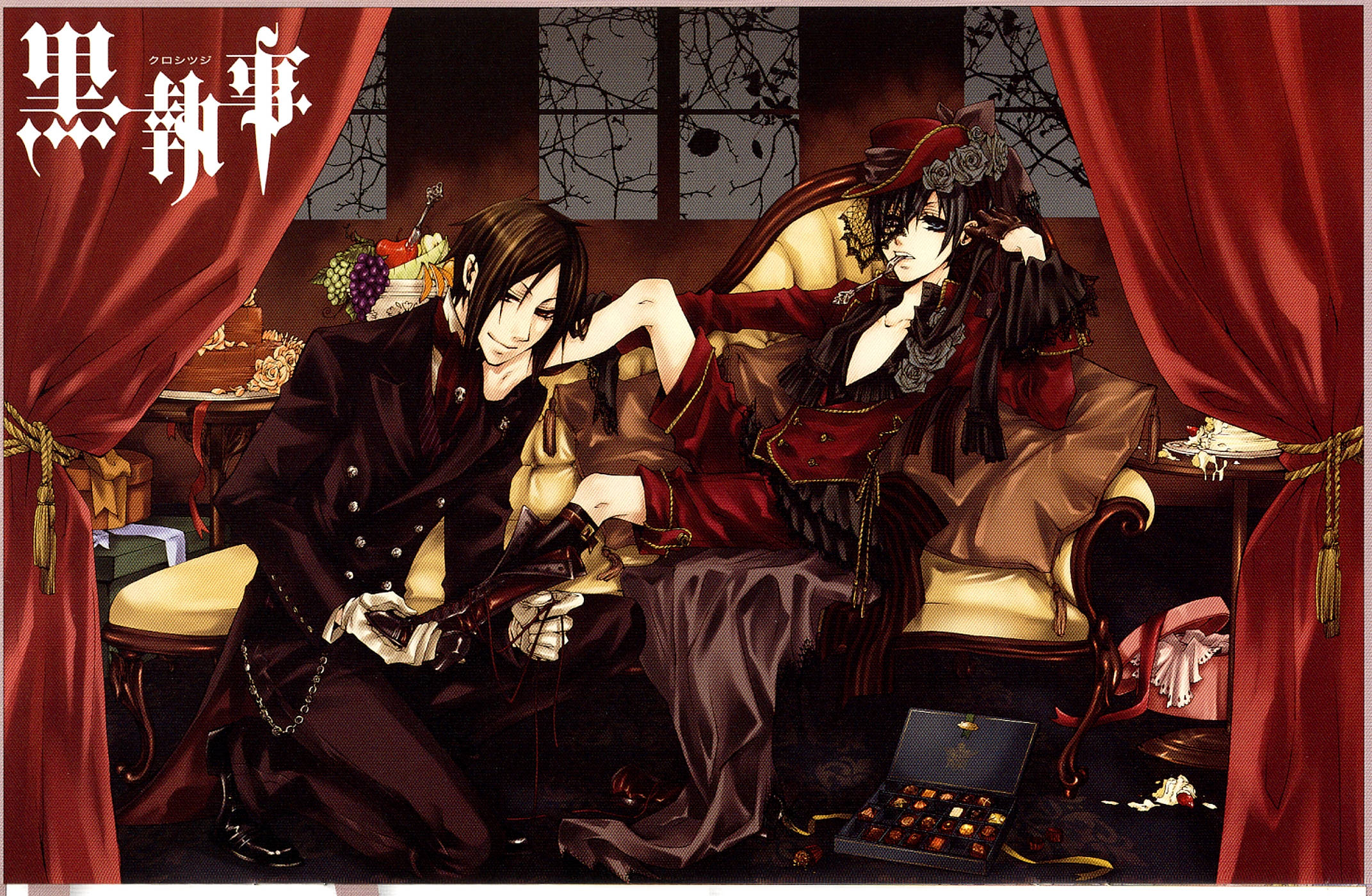 Black Butler 桌布 壁紙 — 兩個穿著維多利亞風格服裝的動漫角色在紅色窗簾和頹廢甜點中豪華地躺在沙發上。