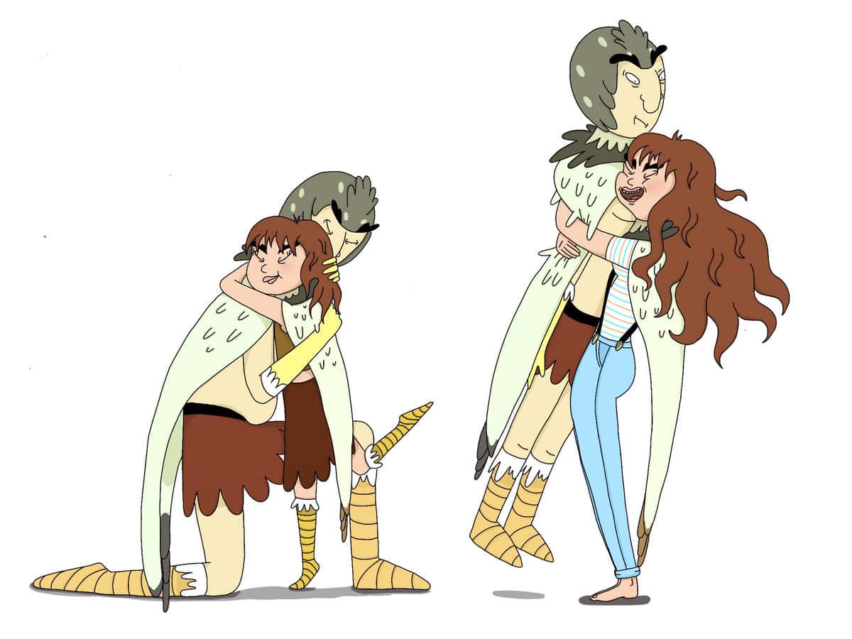Birdperson 桌布 壁紙 — 兩個穿著羽毛服裝的卡通角色在純白色背景上溫暖地擁抱。