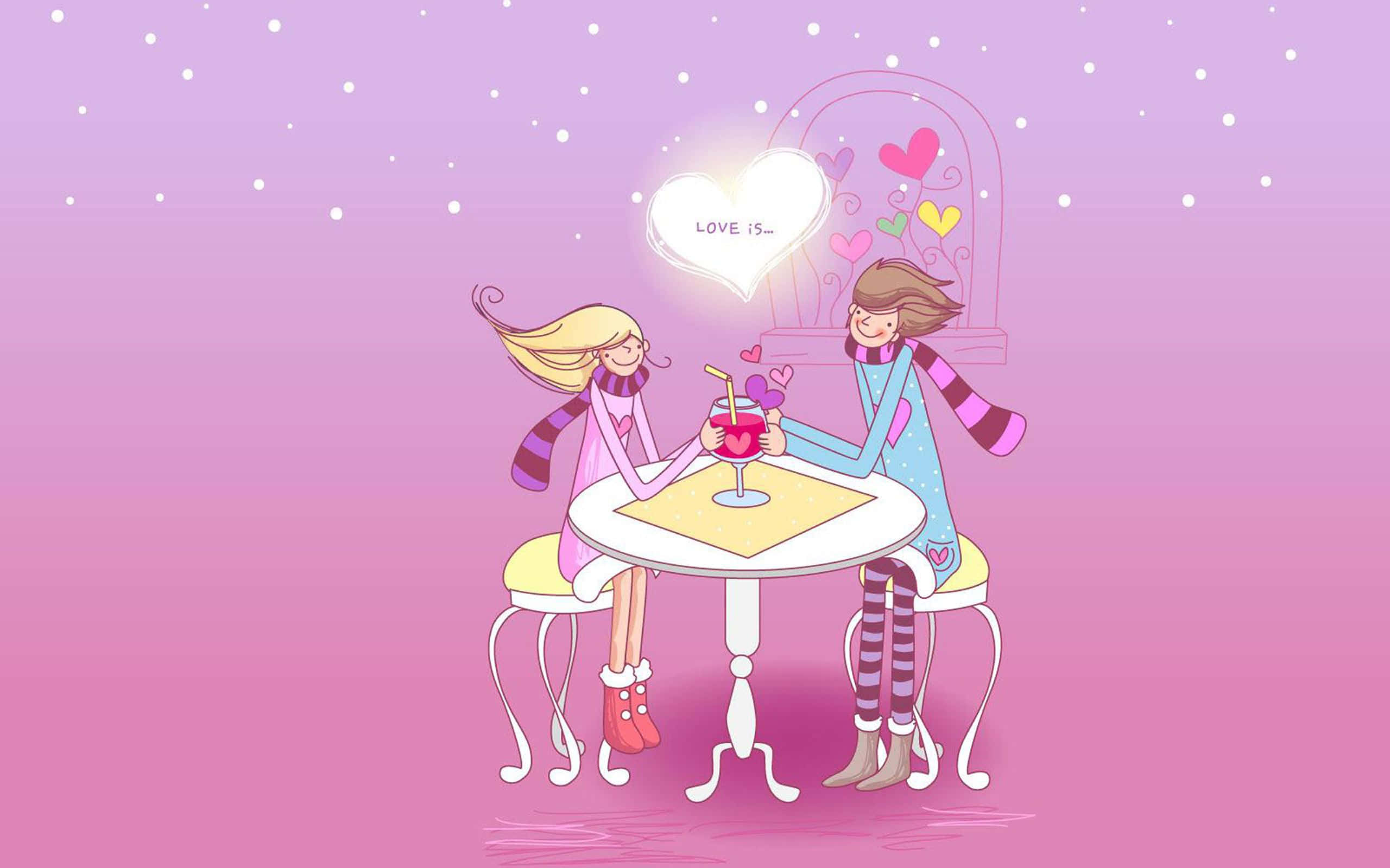 Couple Cartoon 桌布 壁紙 — 兩個穿著舒適冬裝的女孩在閃爍的粉紅色天空下，用心形飲料乾杯，空中漂浮著心形。