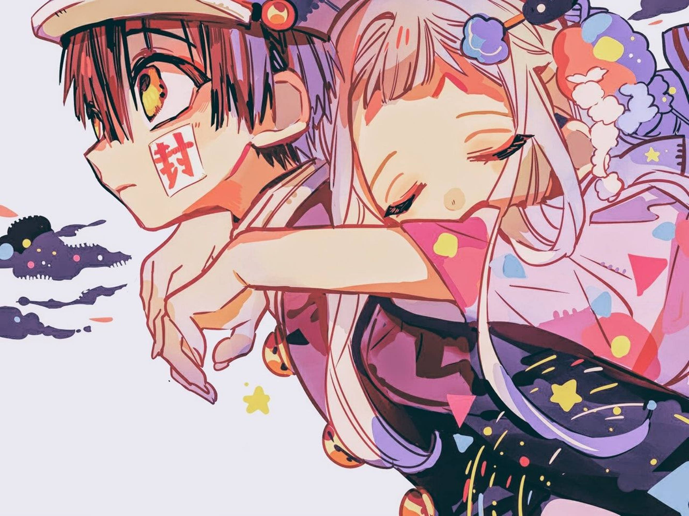 hanako 桌布 壁紙 — 兩個穿著色彩繽紛傳統服飾的動漫角色在夢幻星空背景下溫暖擁抱。