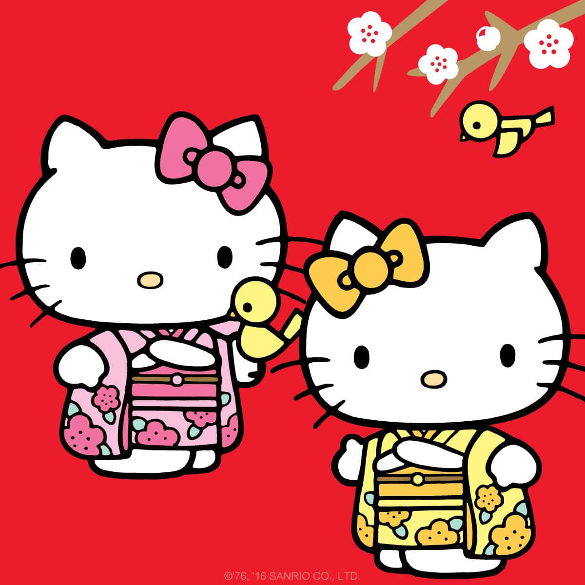 Mimmy White 桌布 壁紙 — 兩個穿著色彩繽紛和服的Hello Kitty角色站在充滿活力的紅色背景前，背景有櫻花和一隻小鳥。