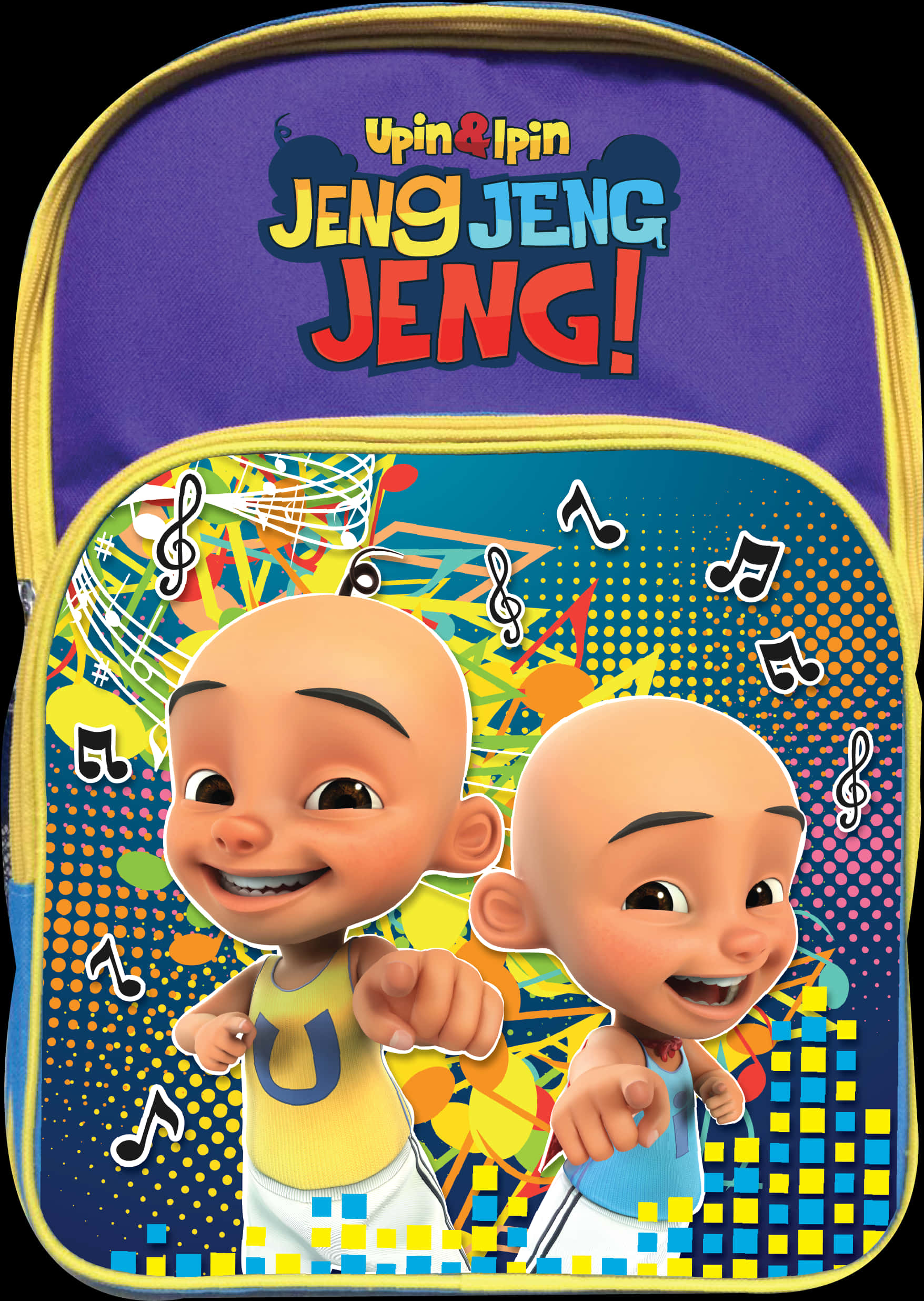 Upin Ipin 桌布 壁紙 — 兩個穿著色彩繽紛服裝的快樂卡通男孩在充滿音符和圖案的活力音樂背景前指向前面。