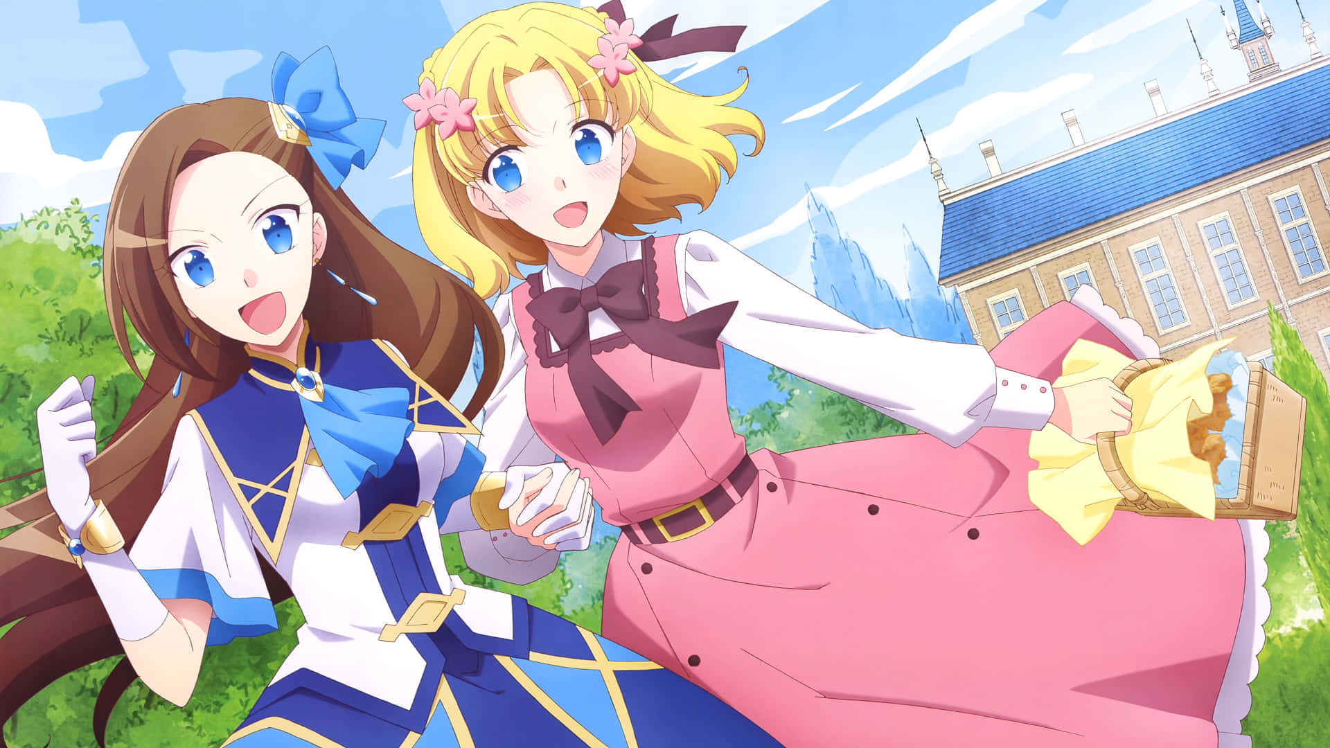 My Next Life As A Villainess All Routes Lead To Doom 桌布 壁紙 — 兩個穿著色彩繽紛服裝的開朗動漫女孩，在晴朗的藍天下，於一座宏偉建築附近快樂地擺姿勢。