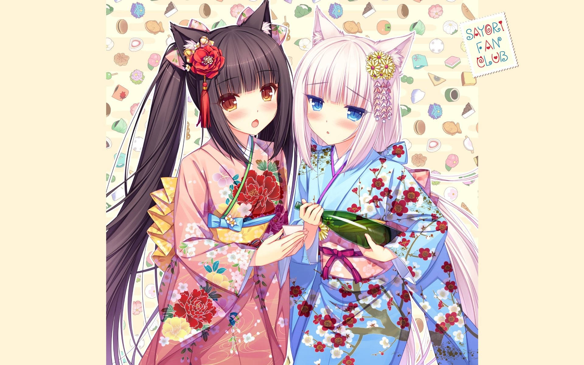 Nekopara 桌布 壁紙 — 兩個穿著花卉和服、戴著貓耳的女動漫角色，在圖案背景前拿著一個瓶子。