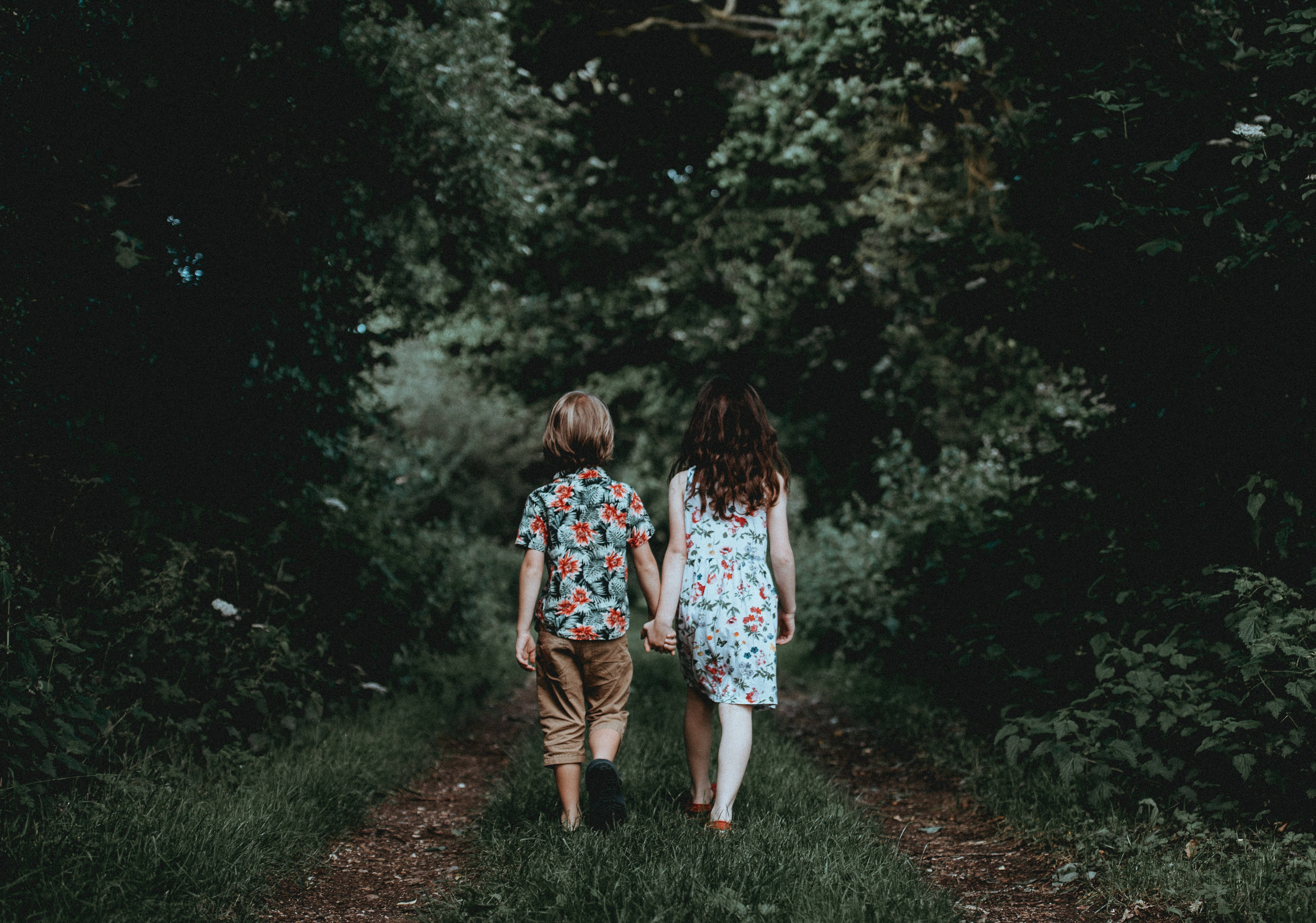 Friends 桌布 壁紙 — 兩個穿著花卉服裝的小孩手牽手，走在陽光明媚、被茂密綠植環繞的森林小徑上。