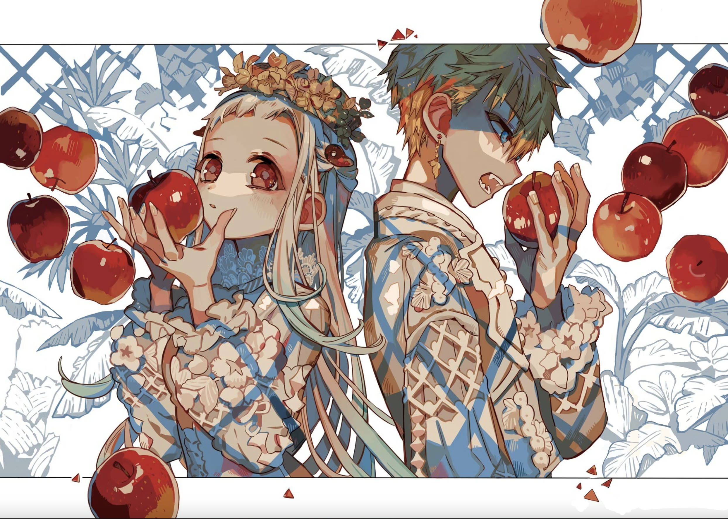 hanako 桌布 壁紙 — 兩個穿著花卉服飾的動漫角色，在圖案葉子背景前愉快地拿著紅蘋果。