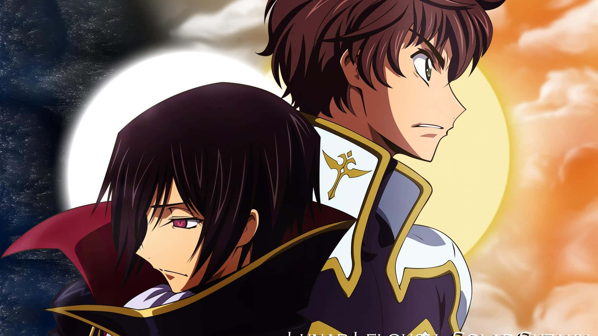 lelouch lamperouge 桌布 壁紙 — 兩個穿著華麗制服的動漫角色背對背站在一個有明亮太陽和月亮的戲劇性天空前。
