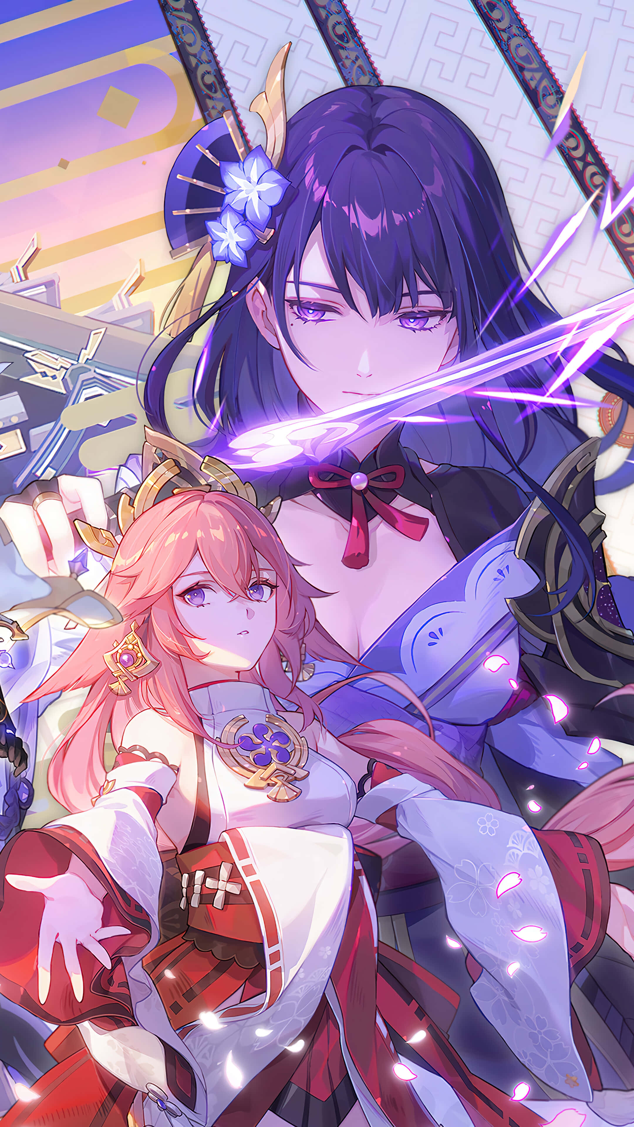 Genshin Impact Characters 桌布 壁紙 — 兩個穿著華麗服裝的動漫女孩，一個揮舞著發光的劍，另一個用溫柔的表情看著。