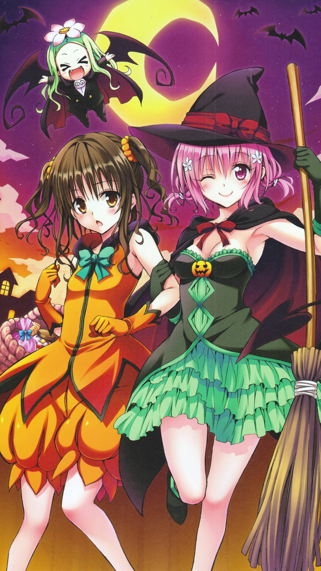 Anime Halloween 桌布 壁紙 — 兩個穿著萬聖節服裝的動漫女孩在發光的月亮下愉快地擺姿勢，蝙蝠在周圍飛舞。