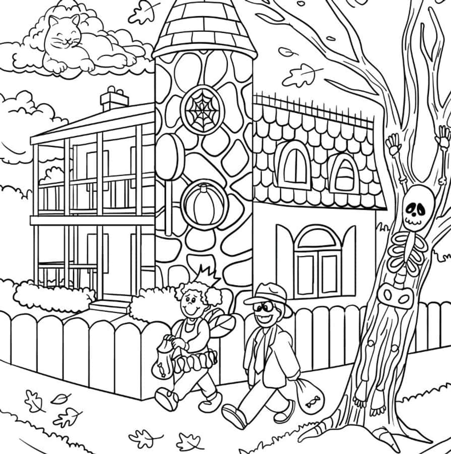Halloween Puzzles 桌布 壁紙 — 兩個穿著萬聖節服裝的小孩走過一個陰森鬼屋，屋旁有骷髏樹，雲中有貓。