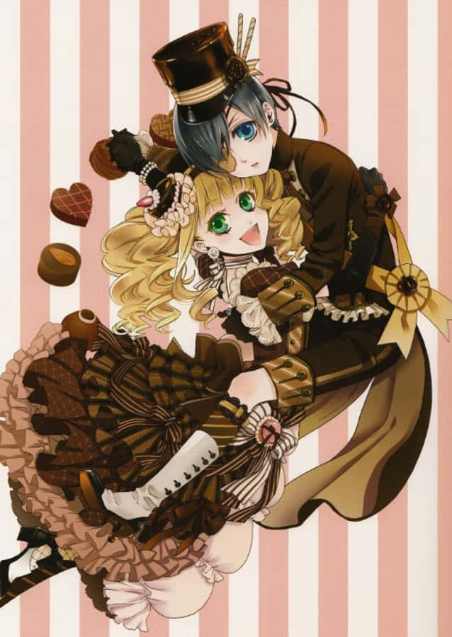 Elizabeth Midford 桌布 壁紙 — 兩個穿著蒸氣龐克服裝的動漫角色在粉紅和白色條紋背景上擁抱，周圍漂浮著巧克力。