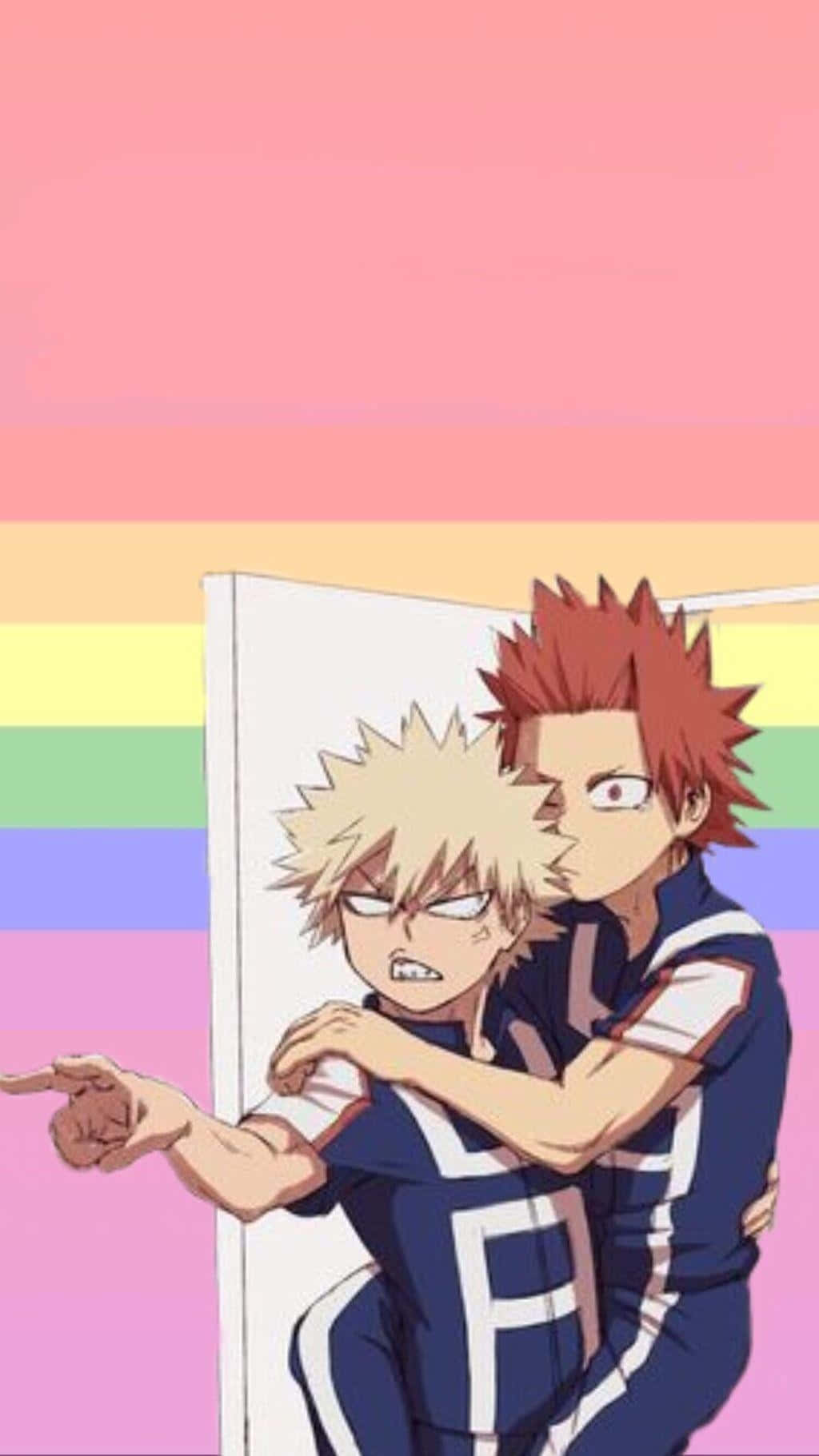 Bakugou Aesthetic 桌布 壁紙 — 兩個穿著藍色制服的動漫男孩在彩虹條紋背景和粉紅色天空下擁抱。