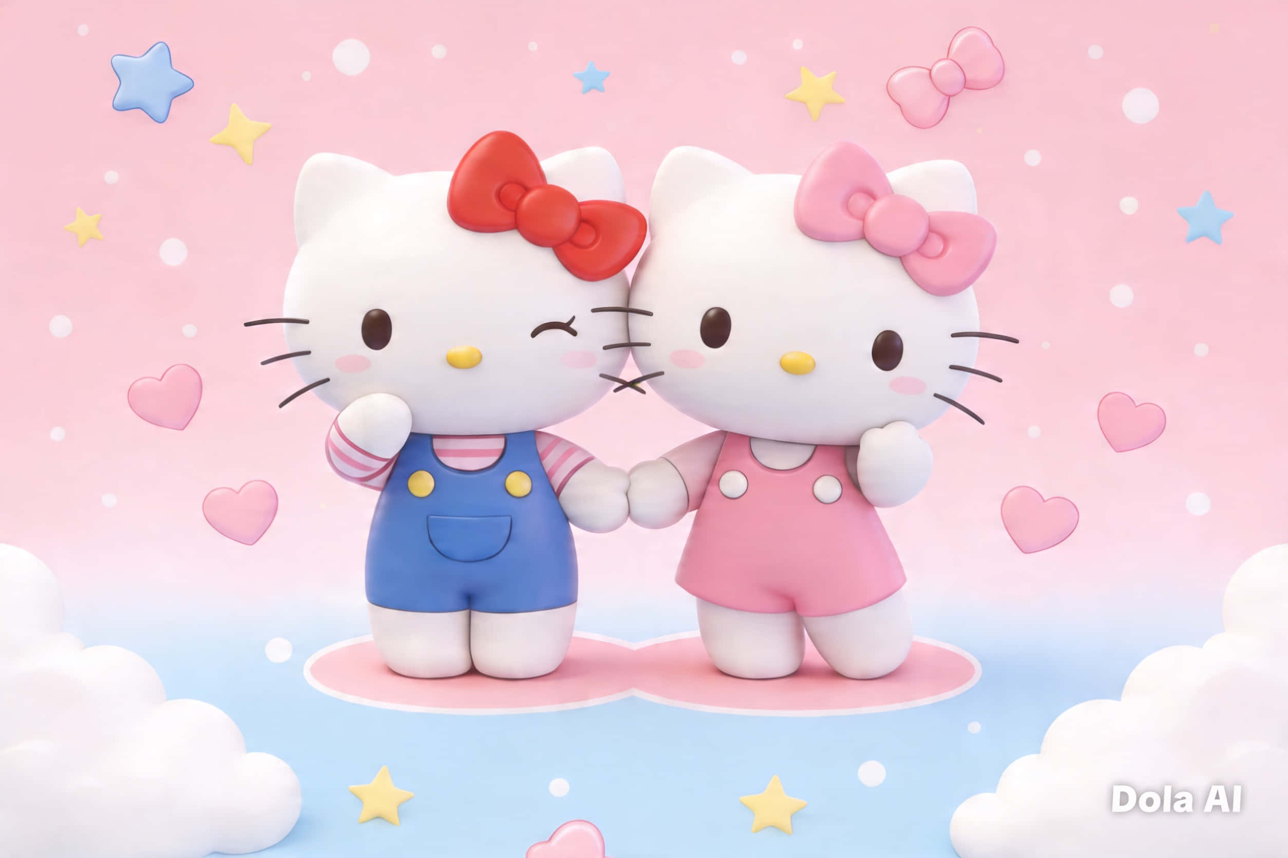 sanrio 桌布 壁紙 — 兩個穿著藍色和粉紅色工裝褲的Hello Kitty公仔在雲上手牽手，背景是帶有星星和心形的粉彩天空。