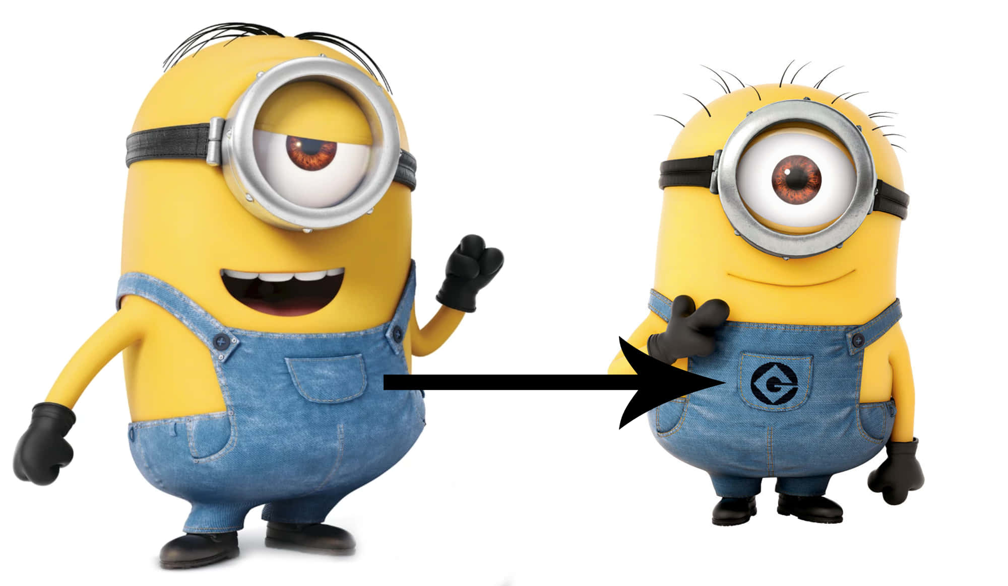 Minion 桌布 壁紙 — 兩個穿著藍色工裝褲的開心黃色Minions並排站立，有一個黑色箭頭從左指向右。