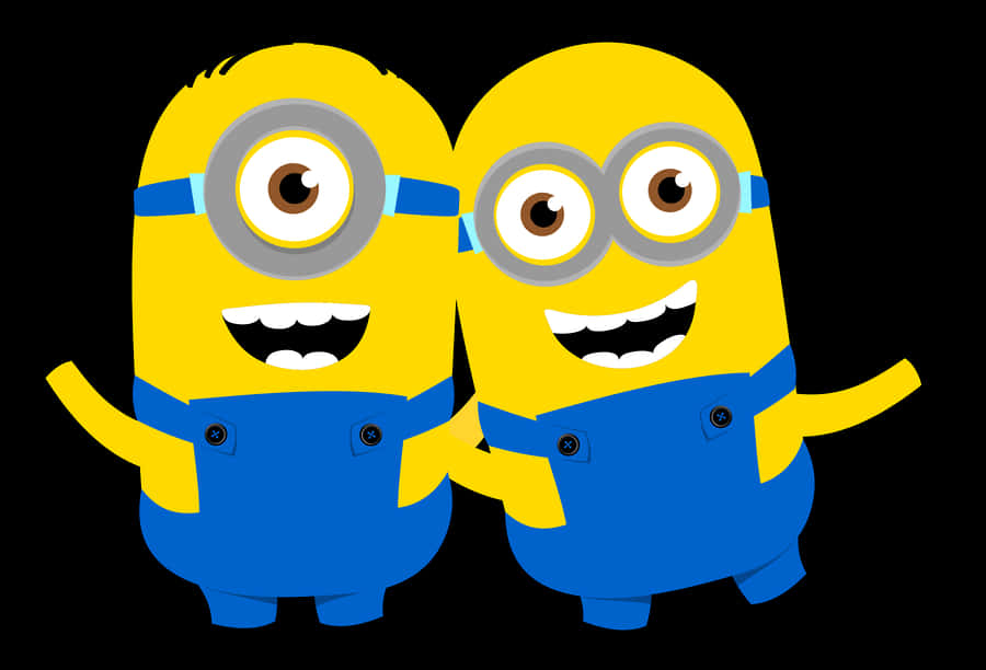 電影動圖 桌布 壁紙 — 兩個穿著藍色工裝褲的開心黃色Minions在黑色背景前咧嘴大笑。