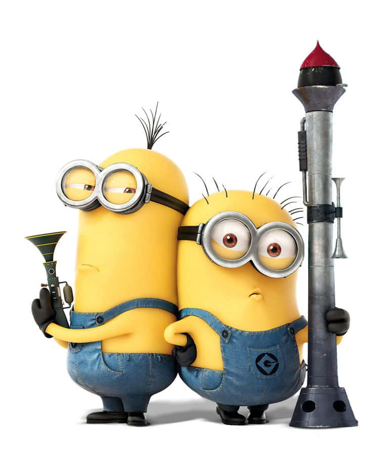 搞笑 桌布 壁紙 — 兩個穿著藍色工裝褲的黃色Minions在純白背景前手持樂器。