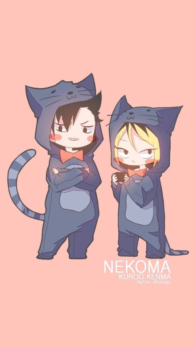Kenma 桌布 壁紙 — 兩個穿著藍色貓咪服裝的動漫角色，站在柔和的粉紅色背景前，表情俏皮。