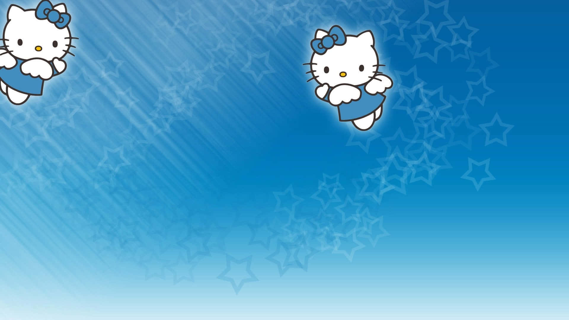 Hello Kitty 桌布 壁紙 — 兩個穿著藍色連衣裙的Hello Kitty角色在帶有星星圖案的漸變藍色背景上漂浮。