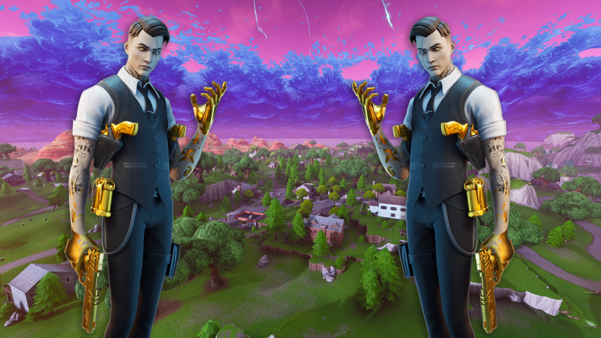 Fortnite 桌布 壁紙 — 兩個穿著西裝、手持金色槍械的相同Fortnite角色，站在一個色彩繽紛的村莊上方，背景是超現實的紫色天空。