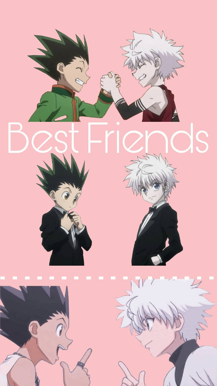Gon And Killua 桌布 壁紙 — 兩個穿著西裝和休閒裝的動畫男孩在柔和的粉紅色背景上分享快樂時刻，並帶有「Best Friends」文字。
