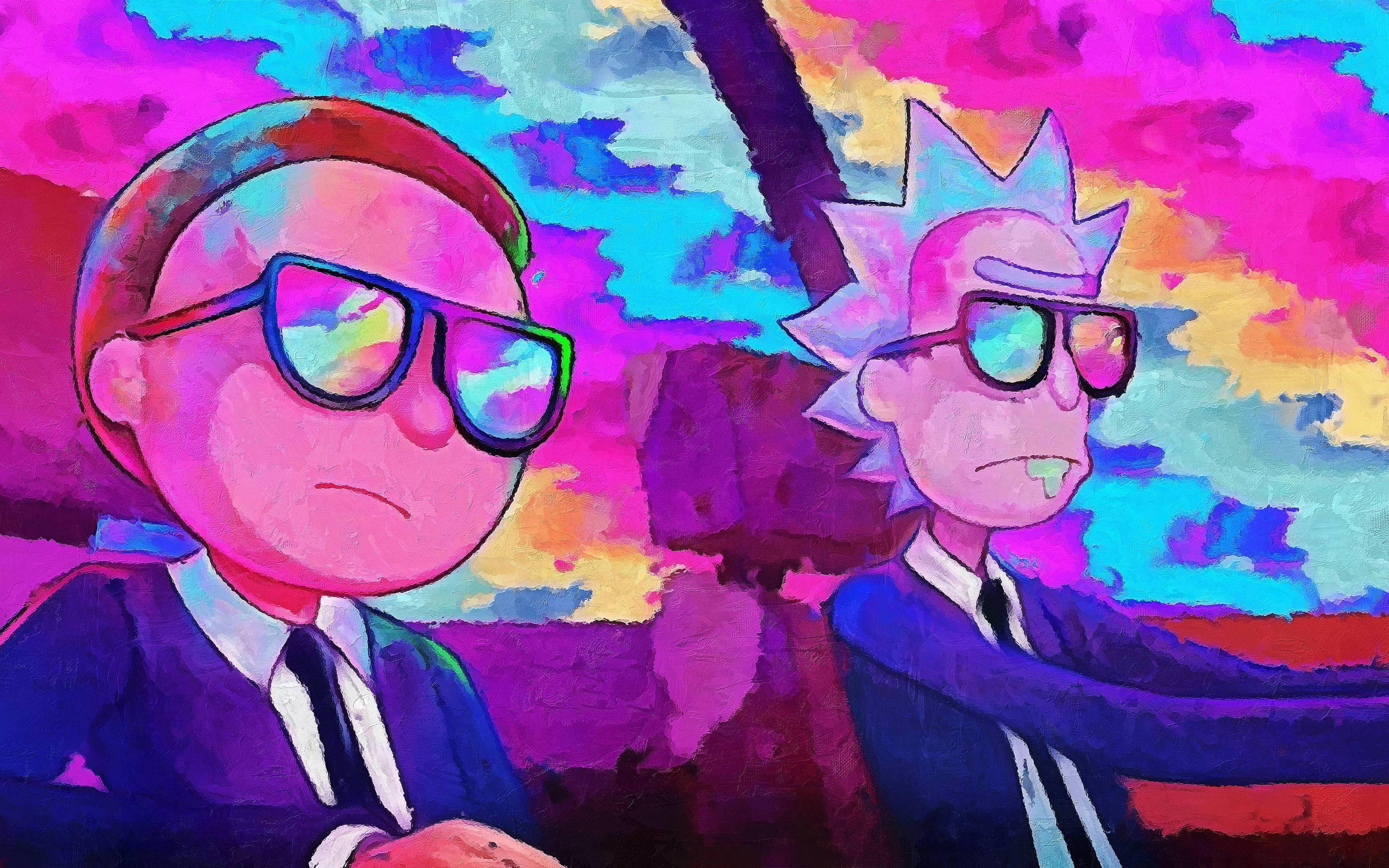 rick 桌布 壁紙 — 兩個穿著西裝和太陽眼鏡的動畫角色坐在充滿活力的迷幻天空下，天空有旋轉的粉紅色、藍色和橙色色調。