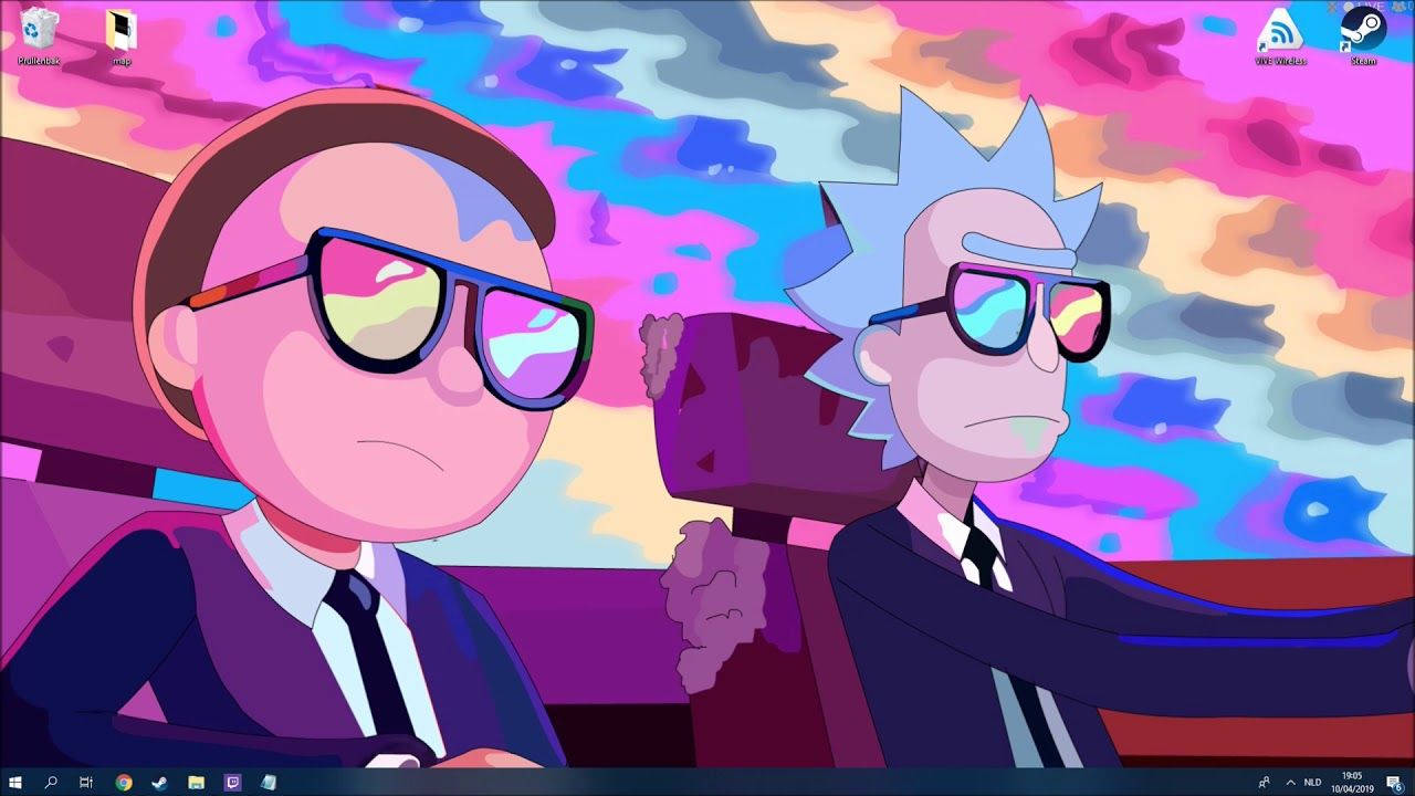 rick 桌布 壁紙 — 兩個穿著西裝和太陽眼鏡的動畫角色坐在車裡，背景是充滿活力的迷幻天空。