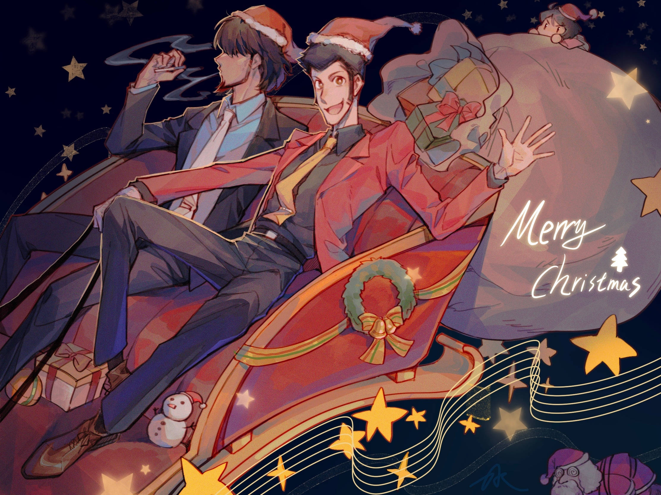 Lupin 桌布 壁紙 — 兩個穿著西裝和聖誕帽的動畫男子乘著雪橇，在滿是禮物和節日音樂音符的星空夜空中飛馳。
