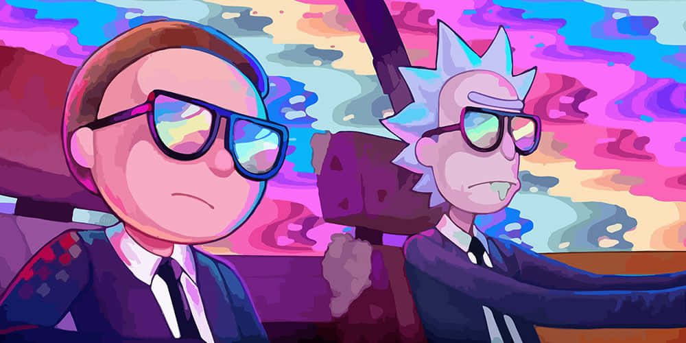 Wubba Lubba Dub Dub 桌布 壁紙 — 兩個穿著西裝戴眼鏡的動畫角色坐在車裡，背景是迷幻旋轉的天空。