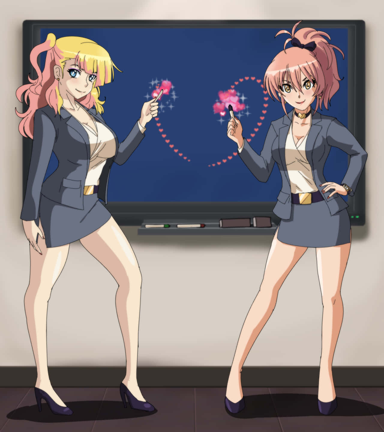 Gyaru 桌布 壁紙 — 兩個穿著西裝的動漫女孩在藍色螢幕上用記號筆畫出閃閃發光的心形軌跡，同時自信地擺姿勢。